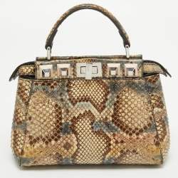 Pre Owned Fendi Beige/Multicolor Python Mini Applique Peekaboo Top Handle Bag
