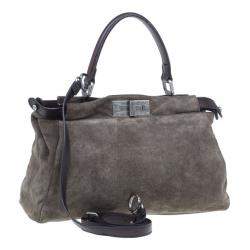 Pre Owned Fendi Grey Suede Medium Peekaboo Top Handle Bag