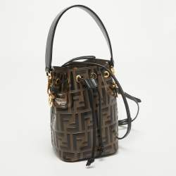Pre Owned Fendi Brown/Black Zucca Leather Mini Mon Tresor Drawstring Bucket Bag