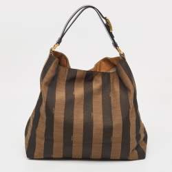 Pre Owned Fendi Tobacco Pequin Stripe Canvas and Leather Hobo