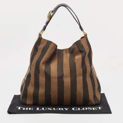 Pre Owned Fendi Tobacco Pequin Stripe Canvas and Leather Hobo