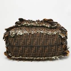 Pre Owned Fendi Choco Brown Leather and Zucca Canvas Embellished Spy Bag