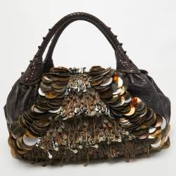 Pre Owned Fendi Choco Brown Leather and Zucca Canvas Embellished Spy Bag