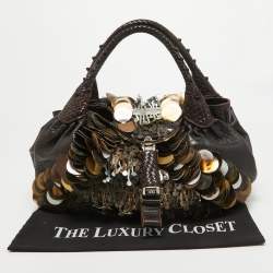 Pre Owned Fendi Choco Brown Leather and Zucca Canvas Embellished Spy Bag
