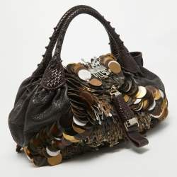 Pre Owned Fendi Choco Brown Leather and Zucca Canvas Embellished Spy Bag