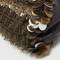 Pre Owned Fendi Choco Brown Leather and Zucca Canvas Embellished Spy Bag