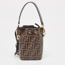 Pre Owned Fendi Brown/Black Zucca Embossed Leather Mini Mon Tresor Drawstring Bucket Bag