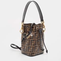 Pre Owned Fendi Brown/Black Zucca Embossed Leather Mini Mon Tresor Drawstring Bucket Bag