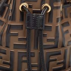 Pre Owned Fendi Brown/Black Zucca Embossed Leather Mini Mon Tresor Drawstring Bucket Bag