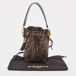 Pre Owned Fendi Brown/Black Zucca Embossed Leather Mini Mon Tresor Drawstring Bucket Bag