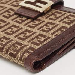 Pre Owned Fendi Brown/Beige Zucchino Fabric and Leather FF French Wallet