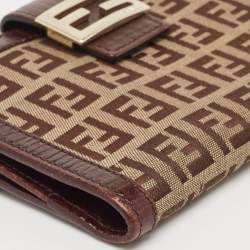 Pre Owned Fendi Brown/Beige Zucchino Fabric and Leather FF French Wallet