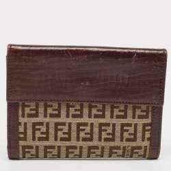 Pre Owned Fendi Brown/Beige Zucchino Fabric and Leather FF French Wallet