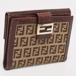 Pre Owned Fendi Brown/Beige Zucchino Fabric and Leather FF French Wallet