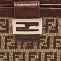 Pre Owned Fendi Brown/Beige Zucchino Fabric and Leather FF French Wallet