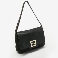 مملوكة مسبقًا Fendi Black Nubuck Shimmer Leather FF Flap Bag