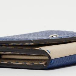 Pre Owned Fendi Blue/White Selleria Leather Flap Compact Wallet