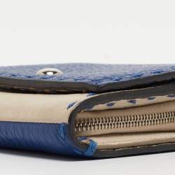 Pre Owned Fendi Blue/White Selleria Leather Flap Compact Wallet