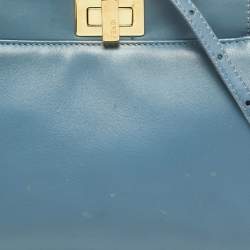 Pre Owned Fendi Light Blue Leather Mini Peekaboo Top Handle Bag