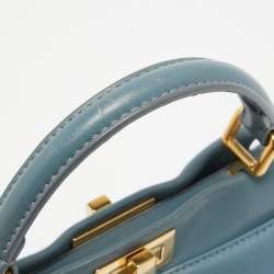 Pre Owned Fendi Light Blue Leather Mini Peekaboo Top Handle Bag