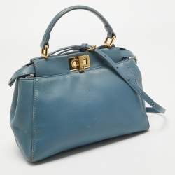 Pre Owned Fendi Light Blue Leather Mini Peekaboo Top Handle Bag