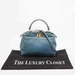 Pre Owned Fendi Light Blue Leather Mini Peekaboo Top Handle Bag
