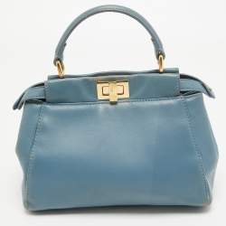 Pre Owned Fendi Light Blue Leather Mini Peekaboo Top Handle Bag