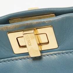 Pre Owned Fendi Light Blue Leather Mini Peekaboo Top Handle Bag