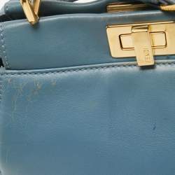 Pre Owned Fendi Light Blue Leather Mini Peekaboo Top Handle Bag