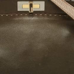 Pre Owned Fendi Olive Green/Beige Selleria Leather Large Peekaboo Top Handle Bag