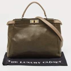 Pre Owned Fendi Olive Green/Beige Selleria Leather Large Peekaboo Top Handle Bag