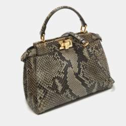 Pre Owned Fendi Black/Pale Green Python Mini Peekaboo Top Handle Bag
