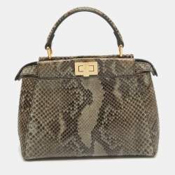 Pre Owned Fendi Black/Pale Green Python Mini Peekaboo Top Handle Bag