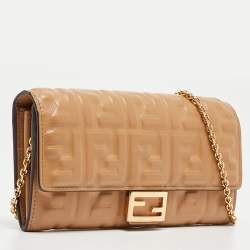 Fendi Beige Zucca Embossed Leather Baguette Wallet on Chain