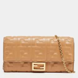 Fendi Beige Zucca Embossed Leather Baguette Wallet on Chain