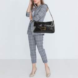 Fendi Black Patent Leather Large Convertible Baguette Bag