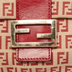 Fendi Red/Beige Zucchino Fabric and Leather Flap Messenger Bag