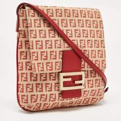 Fendi Red/Beige Zucchino Fabric and Leather Flap Messenger Bag
