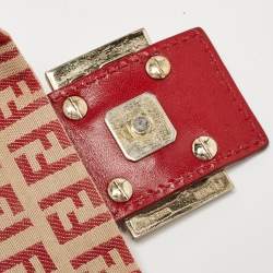 Fendi Red/Beige Zucchino Fabric and Leather Flap Messenger Bag