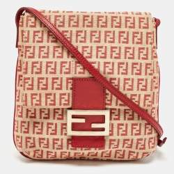 Fendi Red/Beige Zucchino Fabric and Leather Flap Messenger Bag