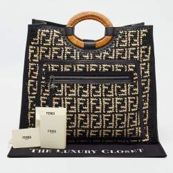 Pre Owned Fendi Black/Natural FF Raffia and Leather Large Runaway Shopper Tote