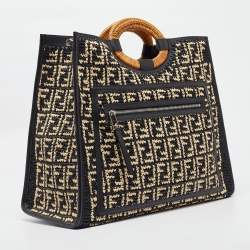 Pre Owned Fendi Black/Natural FF Raffia and Leather Large Runaway Shopper Tote