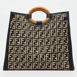 Pre Owned Fendi Black/Natural FF Raffia and Leather Large Runaway Shopper Tote