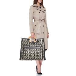 Pre Owned Fendi Black/Natural FF Raffia and Leather Large Runaway Shopper Tote