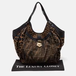 Pre Owned Fendi Tobacco Zucca and Leopard Print Canvas Borsa Chef Tote