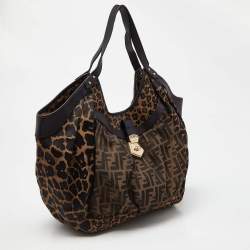 Pre Owned Fendi Tobacco Zucca and Leopard Print Canvas Borsa Chef Tote