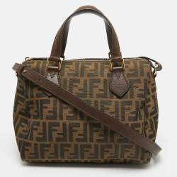 Pre Owned Fendi Tobacco Zucca Canvas and Leather Boston Bag