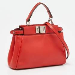 Pre Owned Fendi Red Leather Micro Peekaboo Crossbody Bag