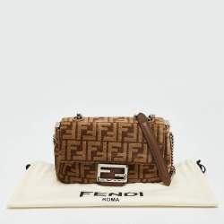 Fendi Beige/Brown Zucca Velvet and Leather Midi Chain Baguette Bag