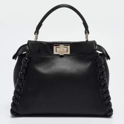Pre Owned Fendi Black Leather Mini Whipstitched Peekaboo Top Handle Bag